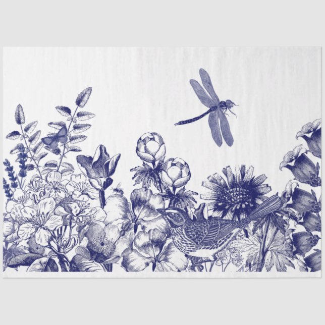 Blau-weiße botanische Wanddecoupage Seidenpapier (Vorderseite)