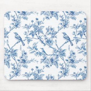 Blau-weiße Chinoiserie-Blumen-Vögel Mousepad