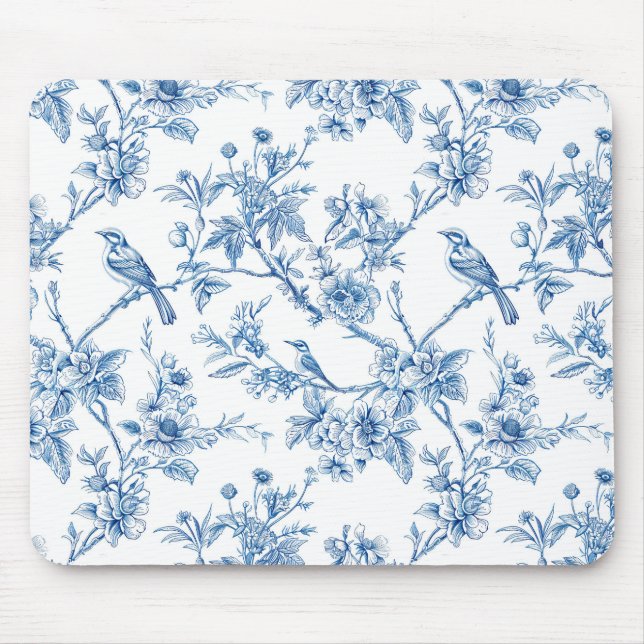 Blau-weiße Chinoiserie-Blumen-Vögel Mousepad (Vorne)