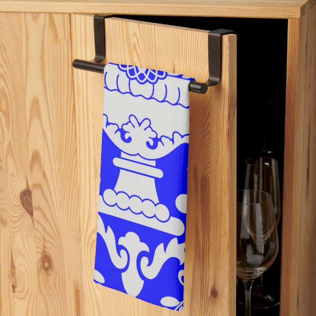 Blau-weiße Damask-Muster Elegant Geschirrtuch (Drittel gefaltet)