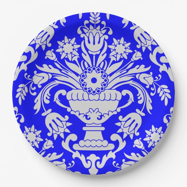Blau-weiße Damask-Muster Elegant Pappteller (Vorderseite)