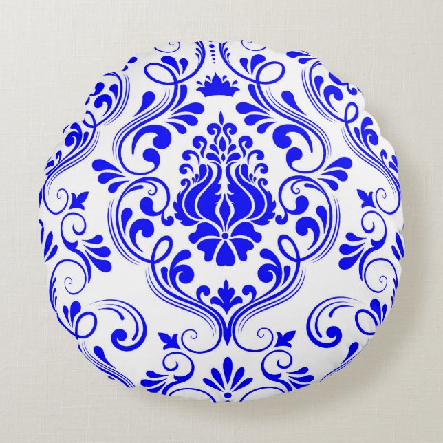 Blau-weiße Damask-Muster Elegant Rundes Kissen (Vorderseite)