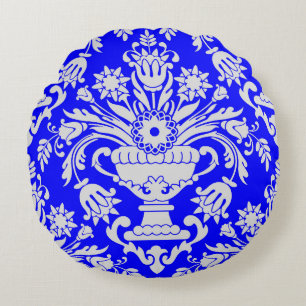 Blau-weiße Damask-Muster Elegant Rundes Kissen