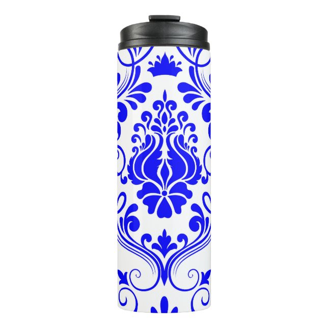 Blau-weiße Damask-Muster Elegant Thermosbecher (Vorderseite)
