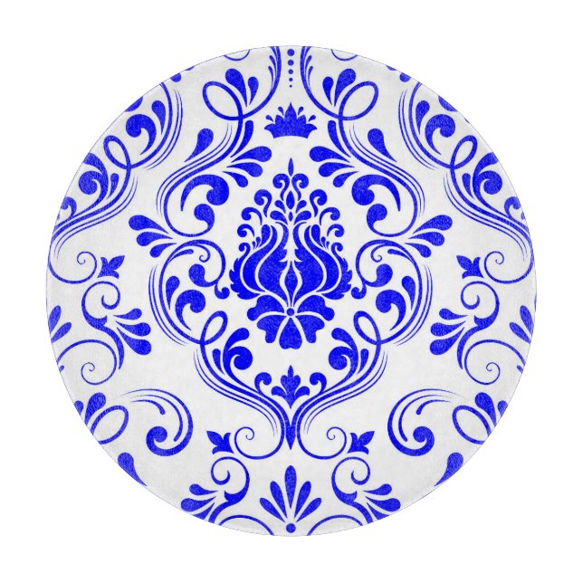 Blau-weiße Damaskus-Blumenmuster Elegantes Glas Schneidebrett (Vorderseite)