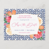 Blau weiße Fliesen Pink Citrus Hochzeit speichern 
