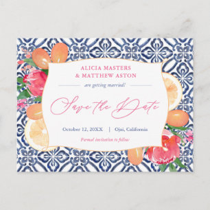 Blau weiße Fliesen Pink Citrus Hochzeit speichern  Postkarte