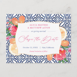 Blau weiße Fliesen Pink Citrus Hochzeit speichern  Postkarte