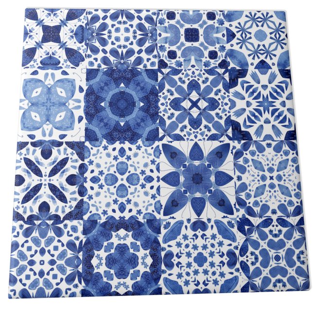 Blau-weiße Fliesenmuster Aquarell Fliese (Blue and white watercolor 
Mediterranean tile pattern ceramic tile)
