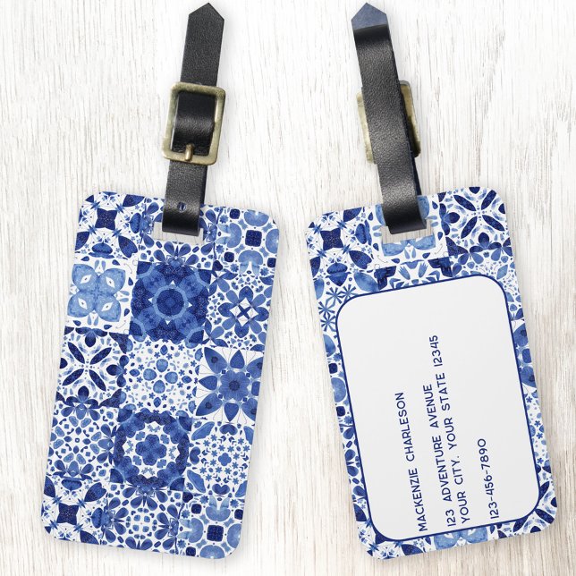 Blau-weiße Fliesenmuster Aquarell Gepäckanhänger (Mediterranean tile blue and white watercolor pattern personalilzed luggage tag)