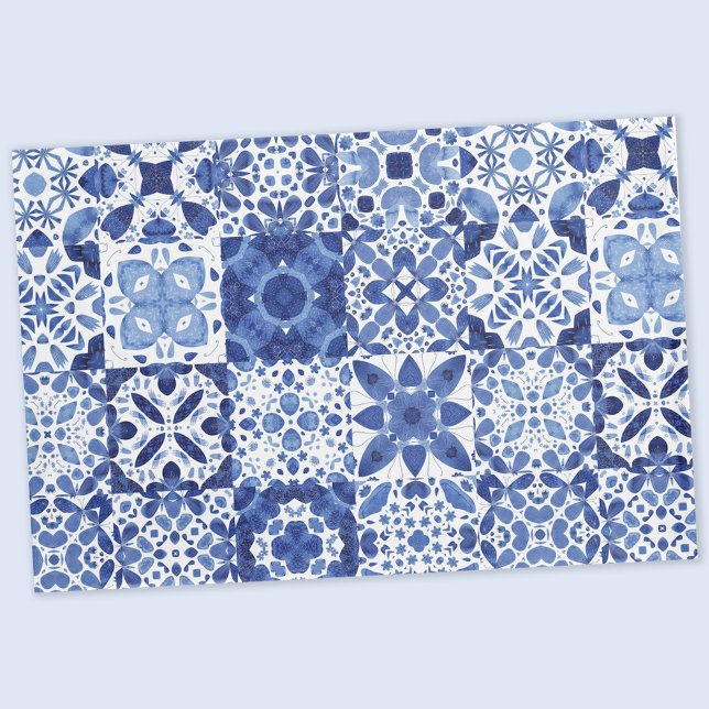 Blau-weiße Fliesenmuster Aquarell Kissenbezug (Blue and white watercolor 
Mediterranean tile pattern pillow case)