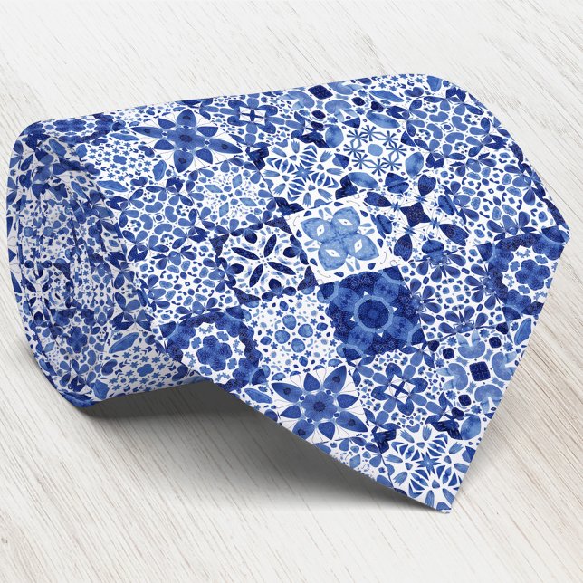 Blau-weiße Fliesenmuster Aquarell Krawatte (Mediterranean blue and white watercolor tile pattern neck tie)