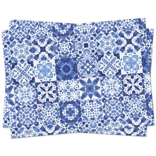 Blau-weiße Fliesenmuster Aquarell Seidenpapier