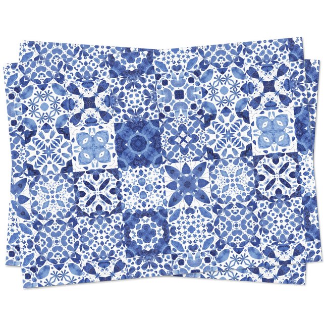 Blau-weiße Fliesenmuster Aquarell Seidenpapier (Mediterranean blue and white tile watercolor geometric pattern tissue paper)