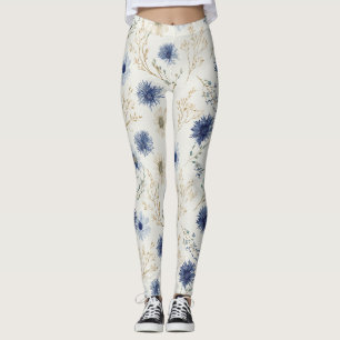 Blau Weiße Floral Leggings