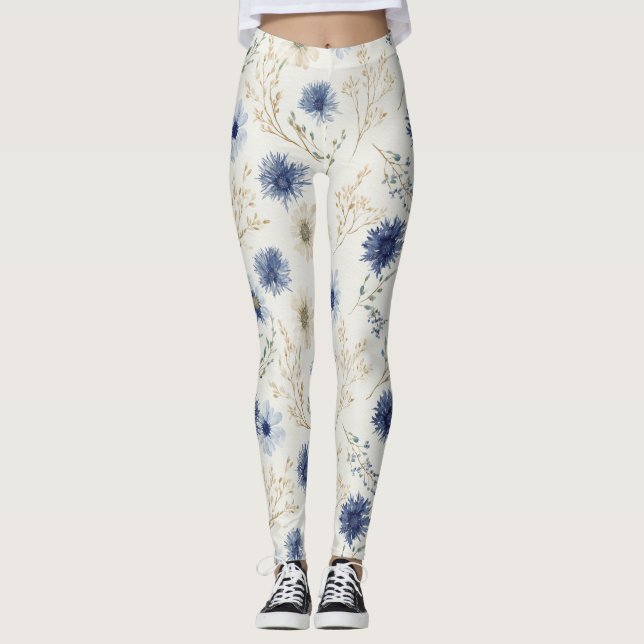 Blau Weiße Floral  Leggings (Vorderseite)