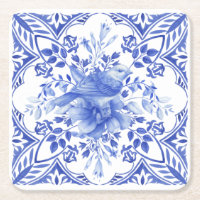 Blau-weiße Floral Tile mit Vogel