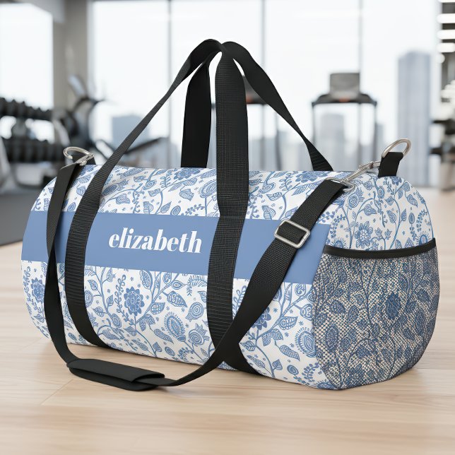 Blau Weiße Florale Botanische Mustername Modern Duffle Bag (Von Creator hochgeladen)