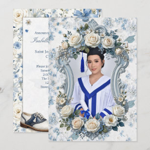 Blau-weiße Florale Foto-Abschluss-Einladung Einladung