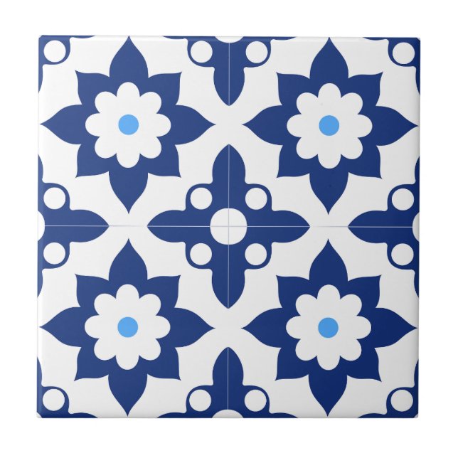 Blau-weiße florale Geometrie Fliese (Vorderseite)