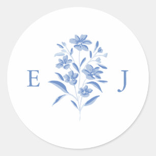 Blau-weiße florale Hochzeitsmonogramm-Aufkleber Runder Aufkleber