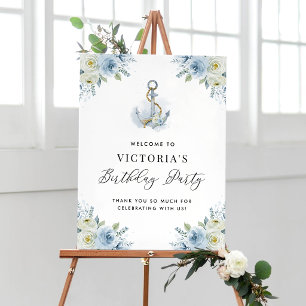 Blau-weiße florale nautische Geburtstagsbegrüßung Poster