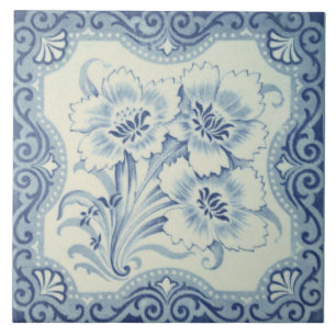 Blau-weiße florale viktorianische Majolika-Antik Fliese