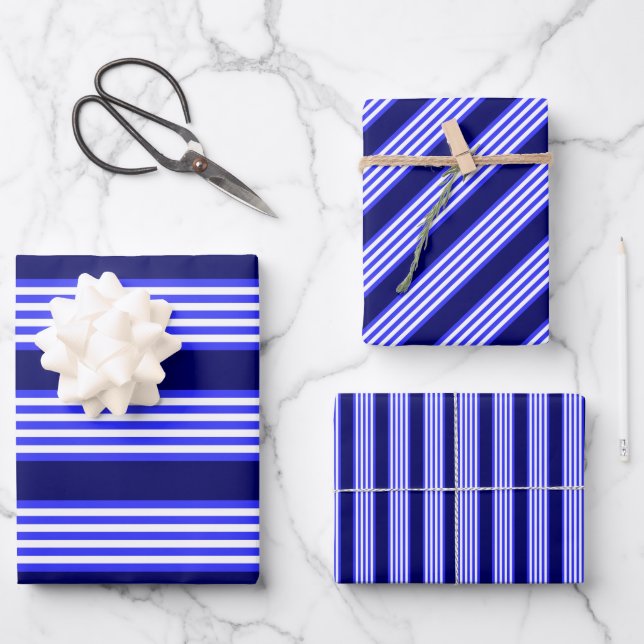 Blau-weiße Fünf-Streifen-Muster Geschenkpapier Set (Vorderseite)