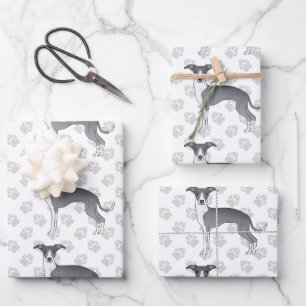Blau-weiße Italienische Windhunde mit Pfoten Geschenkpapier Set