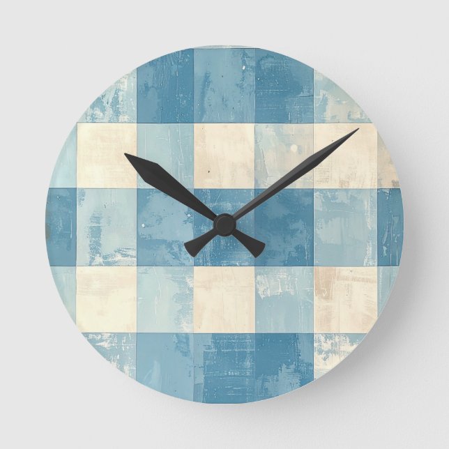 Blau-weiße karierte Musterung Runde Wanduhr (Vorderseite)