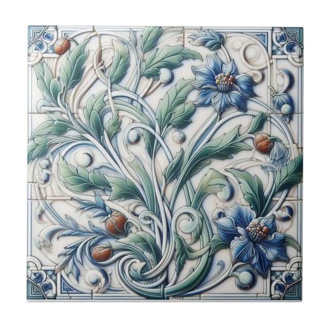 Blau-weiße Keramik mit Rosenknospe Fliese (Vorderseite)