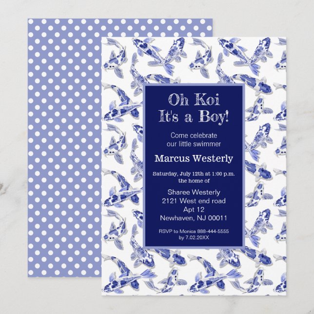 Blau-weiße Koi-Babydusche Ankündigung (Vorne/Hinten)