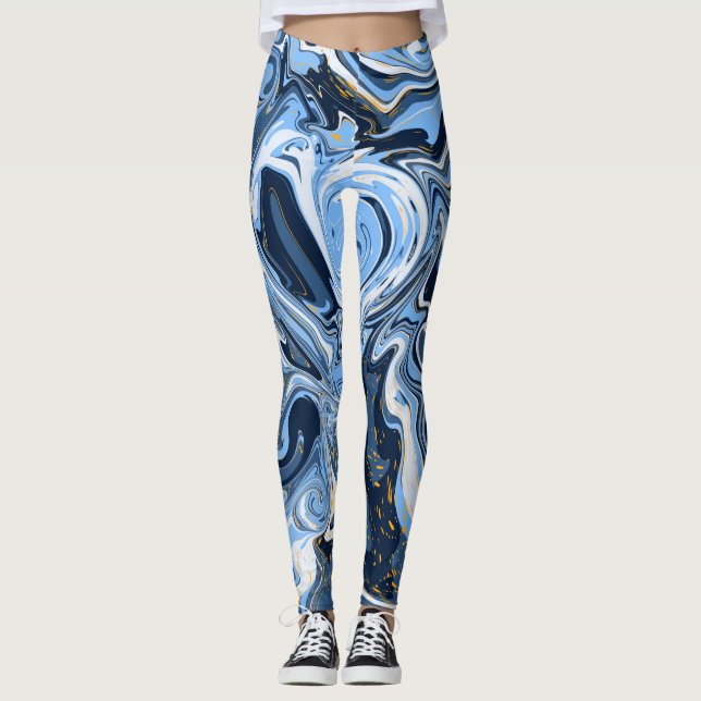 Blau-weiße Marmorflüssigkeit Kunst Leggings (Vorderseite)
