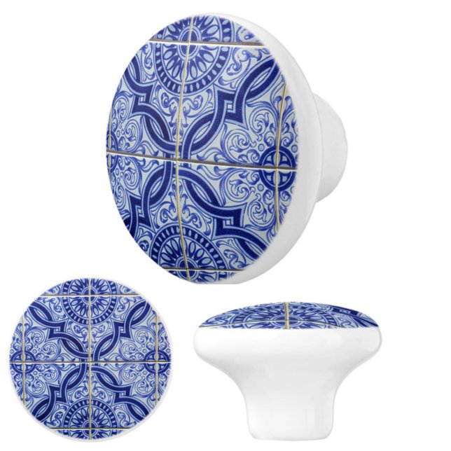 Blau-weiße mediterrane Fliesenmuster Elegant Keramikknauf (Elegant blue + white vintage azulejo tile pattern ceramic knobs to enhance your space!)