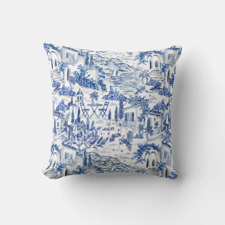 Blau-weiße Mittelmeer-Küstenort-Toile Kissen