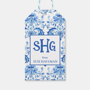 Blau-Weiße Monogramm-Geschenkkarte Geschenkanhänger