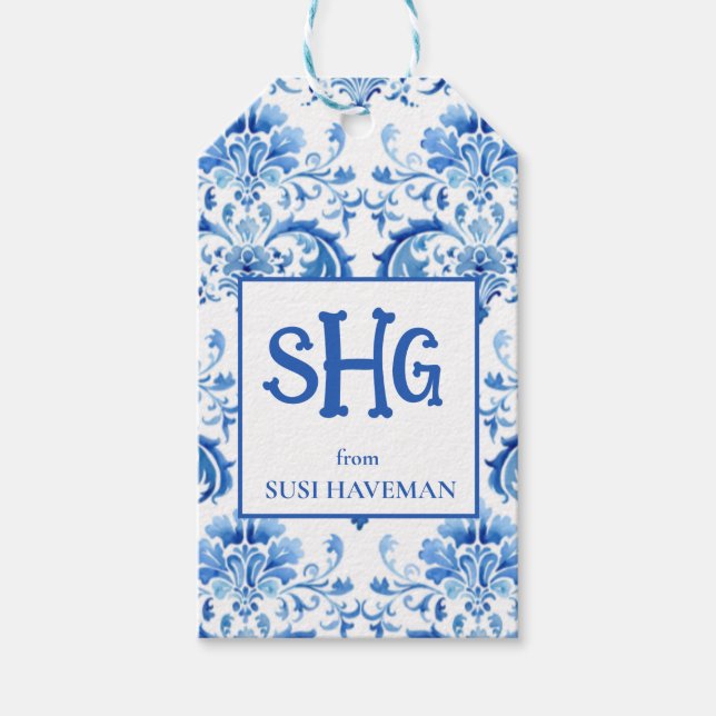 Blau-Weiße Monogramm-Geschenkkarte Geschenkanhänger (Vorderseite)