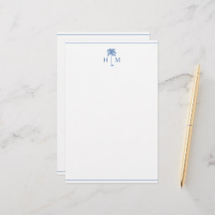 Blau-Weiße Palm-Palmetto-Baum-Monogramm Briefpapier