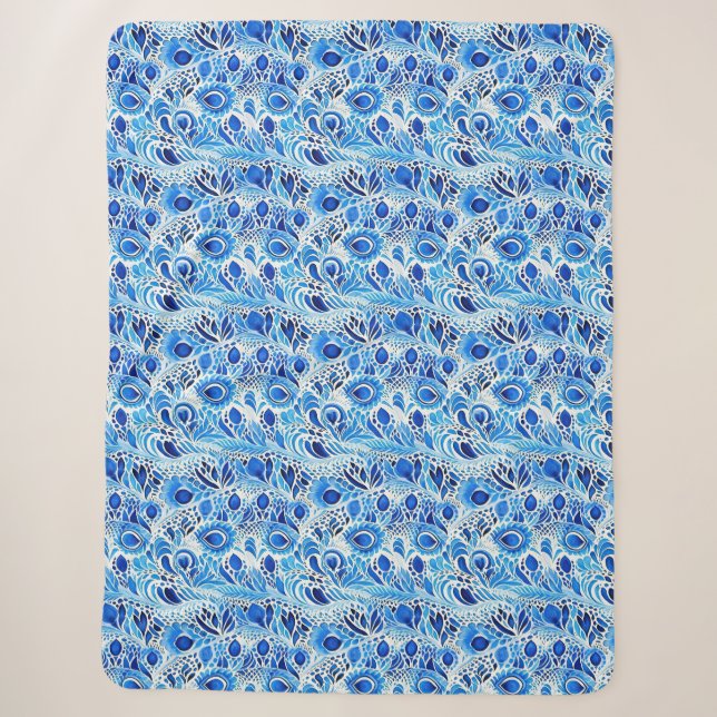 Blau Weiße Pfauenfedern  Sherpadecke (Vorderseite)