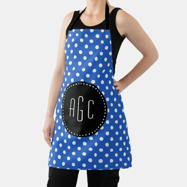 Blau-weiße Polka-Punkte mit schwarzer Monogramm Schürze (InSitu)
