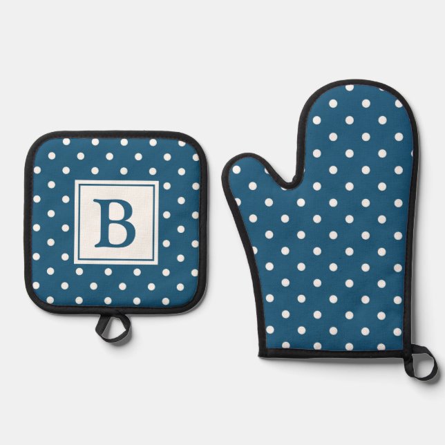 Blau-weiße Punkte-Monogramm Ofenhandschuh & Topflappen-Set (Vorderseite)