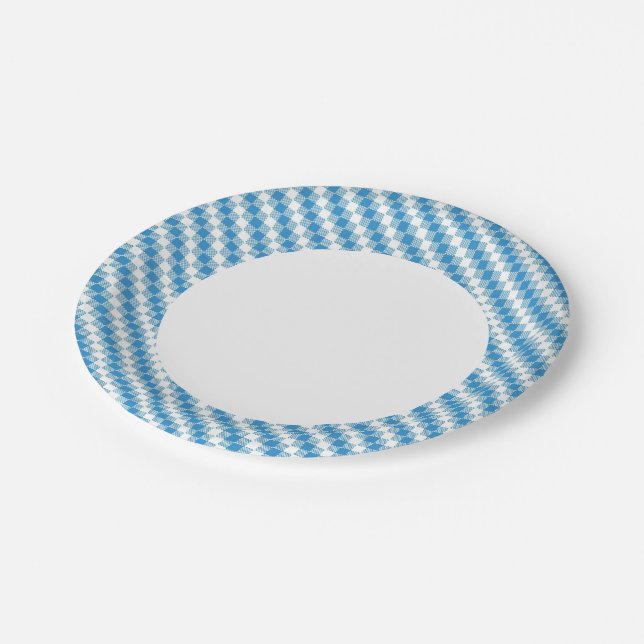 Blau-weiße Quadrate Pappteller (Schrägansicht)
