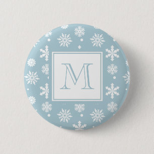 Blau-Weiße Schneeflocken Muster 1 mit Monogramm Button