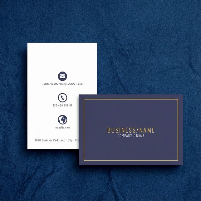 Blau-weiße Symbole Goldgrenzenkarte Visitenkarte (Blue and white icons gold border business card.)