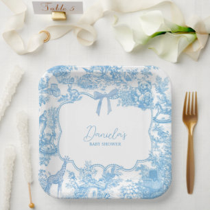 Blau-weiße Toile de Jouy Bär Kaninchen Baby Shower Pappteller