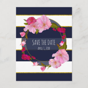 Blau Weiße und Goldene Moderne Florale Save-the-Da Ankündigungspostkarte
