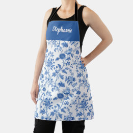 Blau Weiße Vintage Blumen Personalisierter Name Schürze