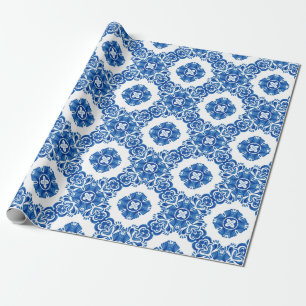 Blau-weiße vintage-blumige Wasserfarbe Pariser Geschenkpapier
