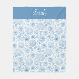 Blau-weiße Wasserfarbe Blumen-Monogramm-Name Fleecedecke