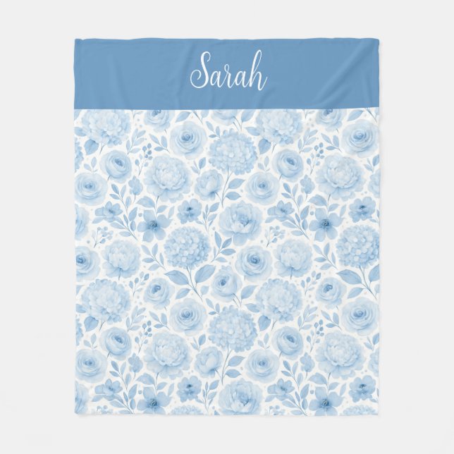 Blau-weiße Wasserfarbe Blumen-Monogramm-Name Fleecedecke (Vorderseite)
